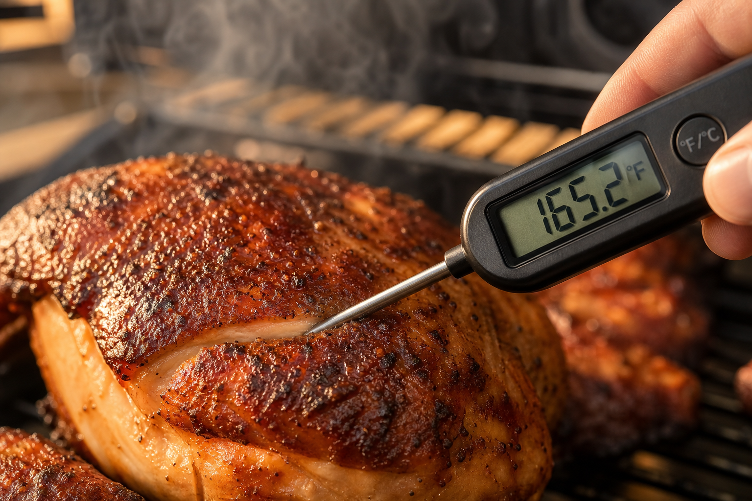 How to Fix Dry Smoked Chicken: Brining and Temperature Tips 9 Meat thermometer inserted into smoked chicken breast showing internal temperature