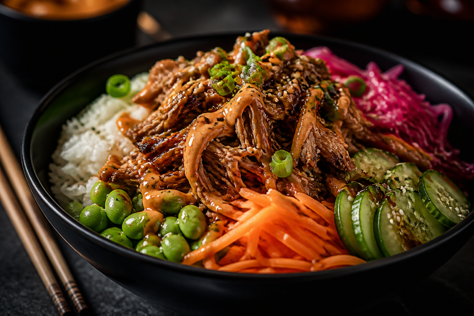 Asian fusion pulled pork bowl with rice, pickled vegetables, edamame and sriracha mayo