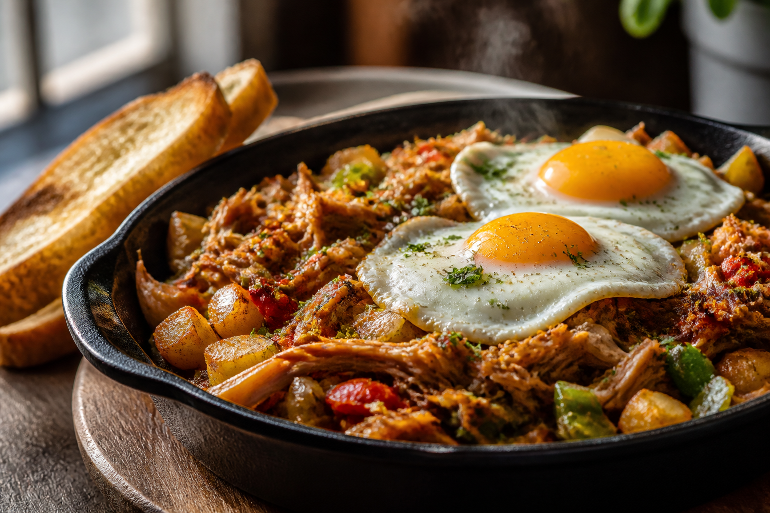 Pulled pork breakfast hash with potatoes, peppers, onions and fried eggs in skillet