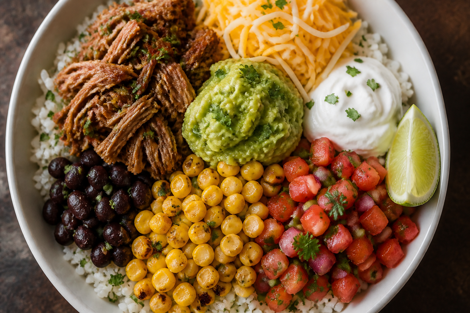 Pulled pork burrito bowl with rice, beans, corn, pico de gallo and guacamole