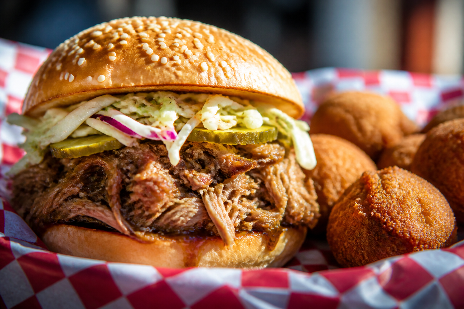 Carolina style pulled pork sandwich with vinegar slaw and pickles on sesame bun