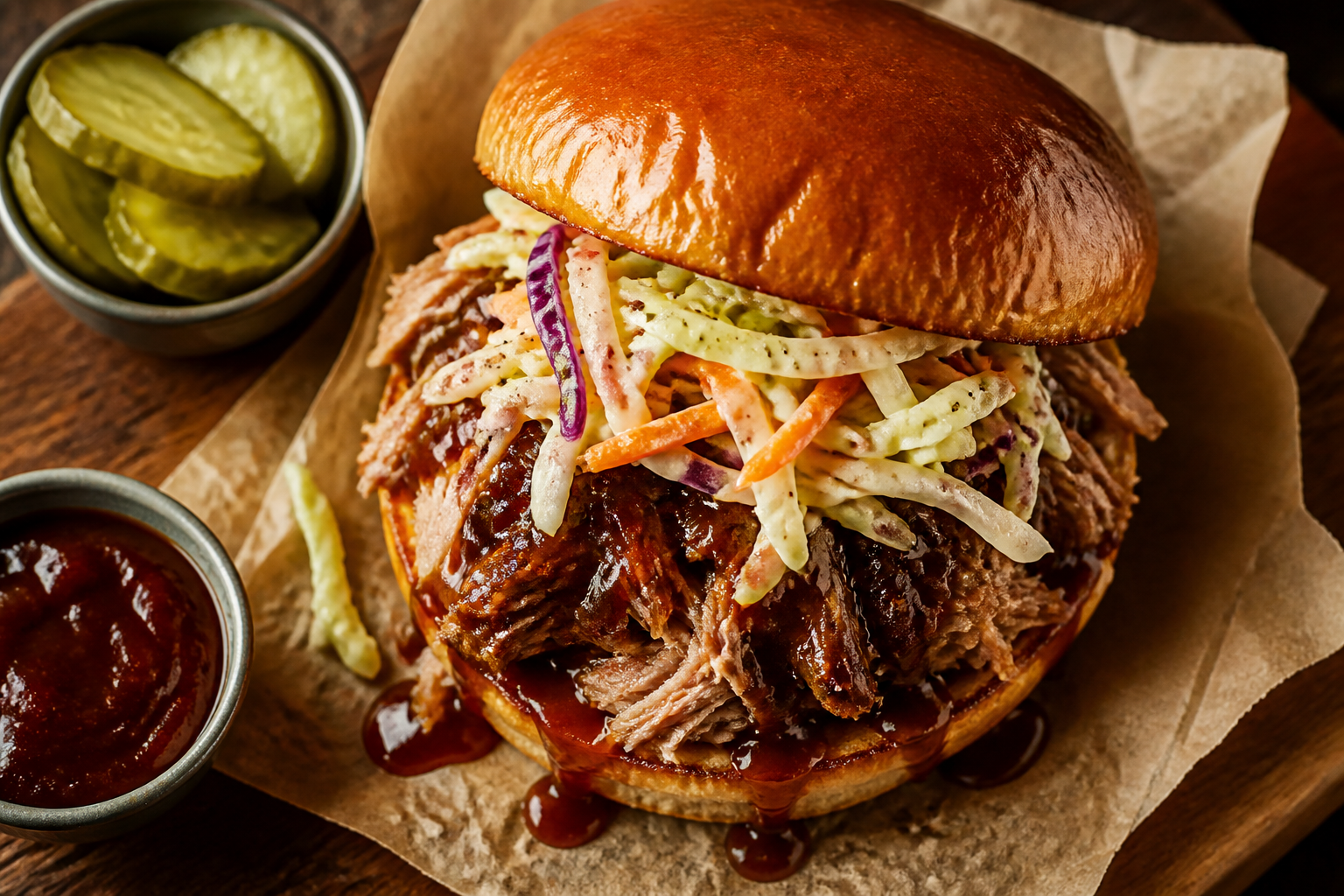Pulled pork sandwich with coleslaw on brioche bun with BBQ sauce and pickles