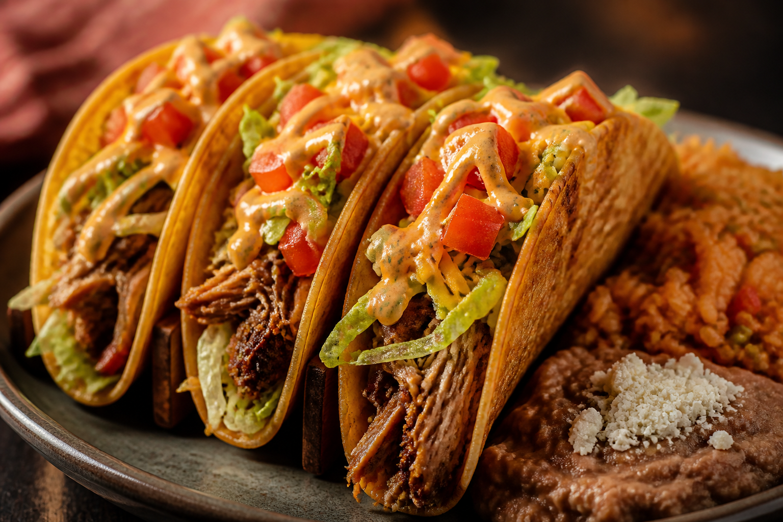 Crispy pulled pork tacos in shells with lettuce, tomatoes, cheese and chipotle crema