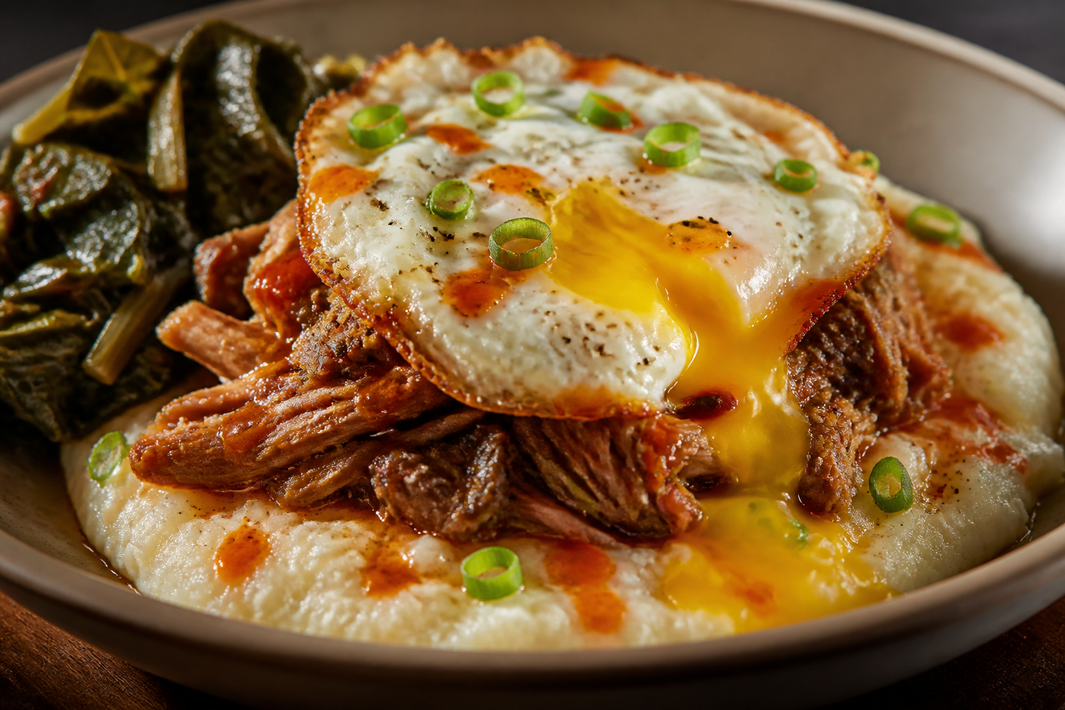 Pulled pork over creamy grits with fried egg, scallions and collard greens