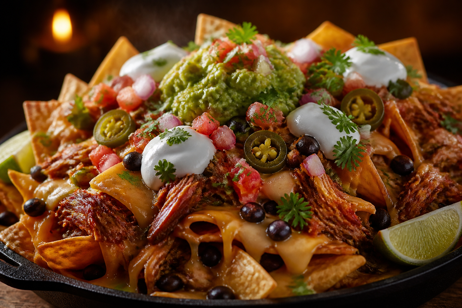 Loaded pulled pork nachos with cheese, beans, jalapeños, sour cream and guacamole