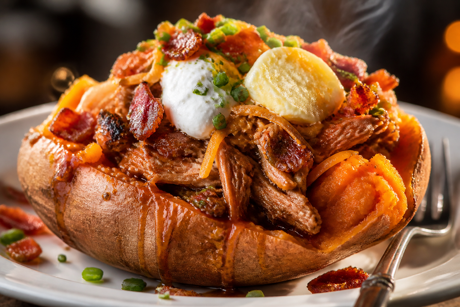 Loaded baked sweet potato stuffed with pulled pork, cheese, sour cream and bacon