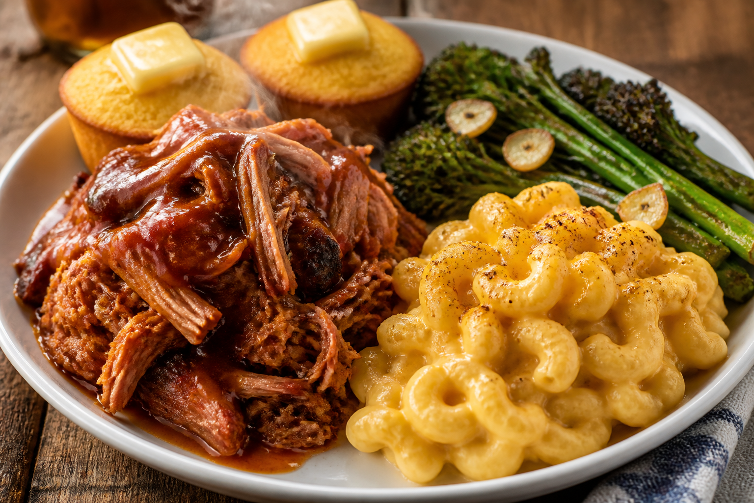 Pulled pork served with mac and cheese, charred broccolini and cornbread muffins