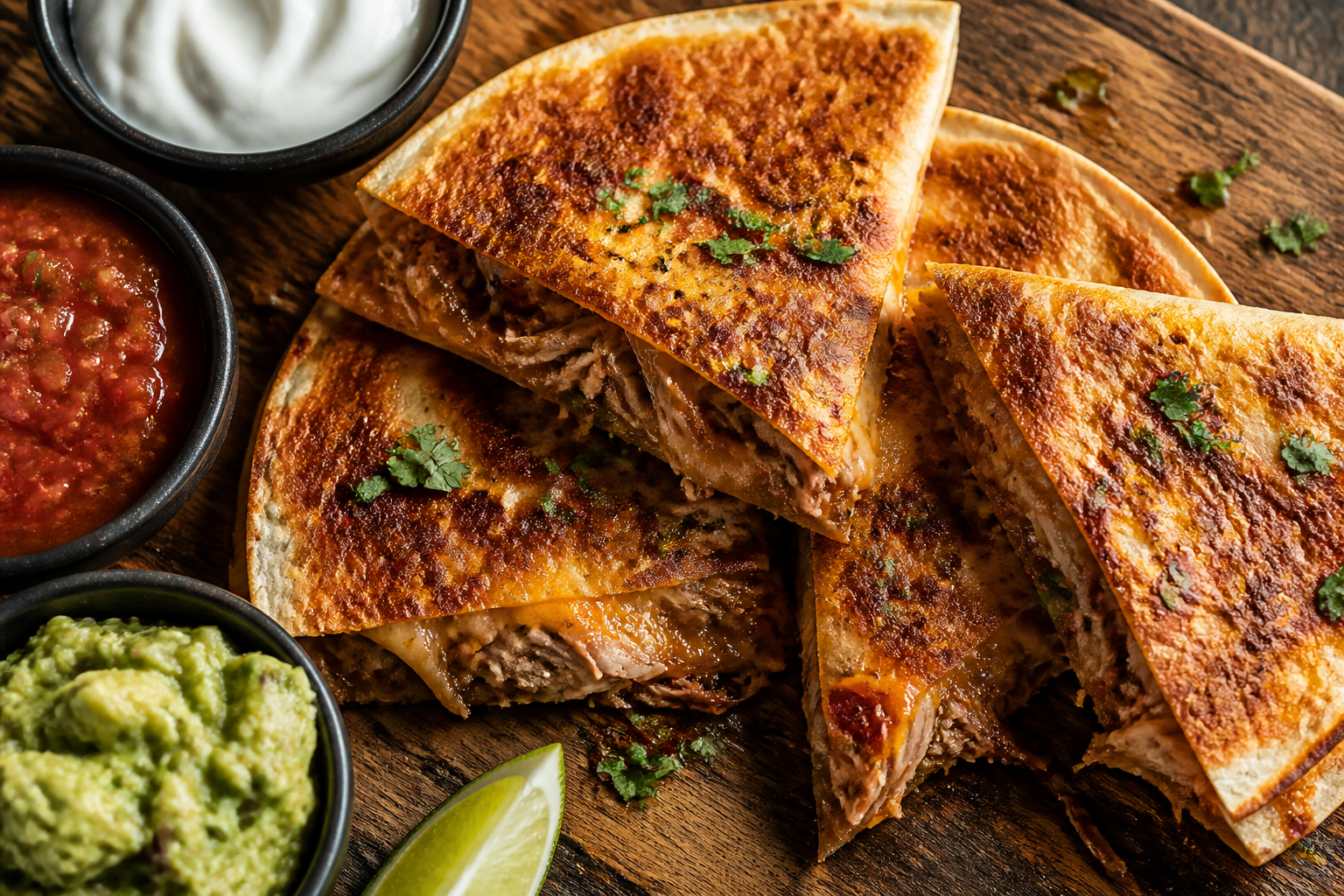 Crispy pulled pork quesadillas with melted cheese, served with sour cream and salsa