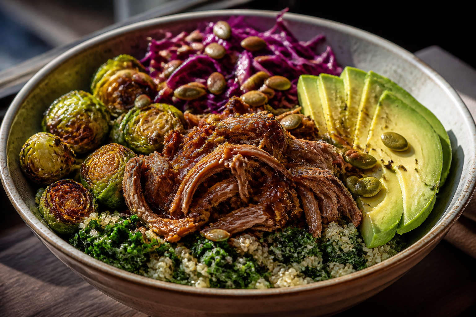 Healthy pulled pork power bowl with quinoa, kale, Brussels sprouts and avocado