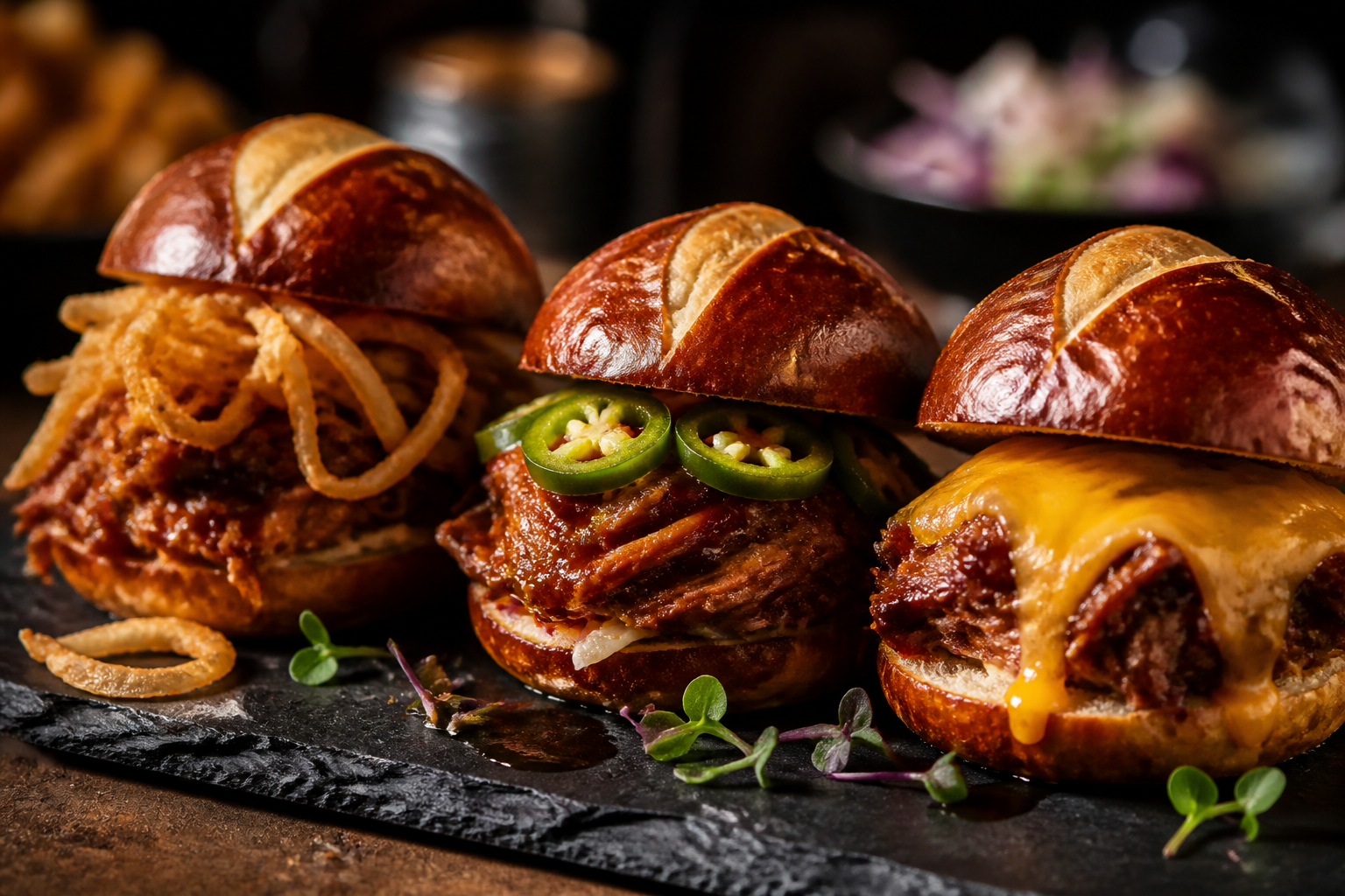 Three pulled pork sliders on pretzel buns with different toppings on slate board