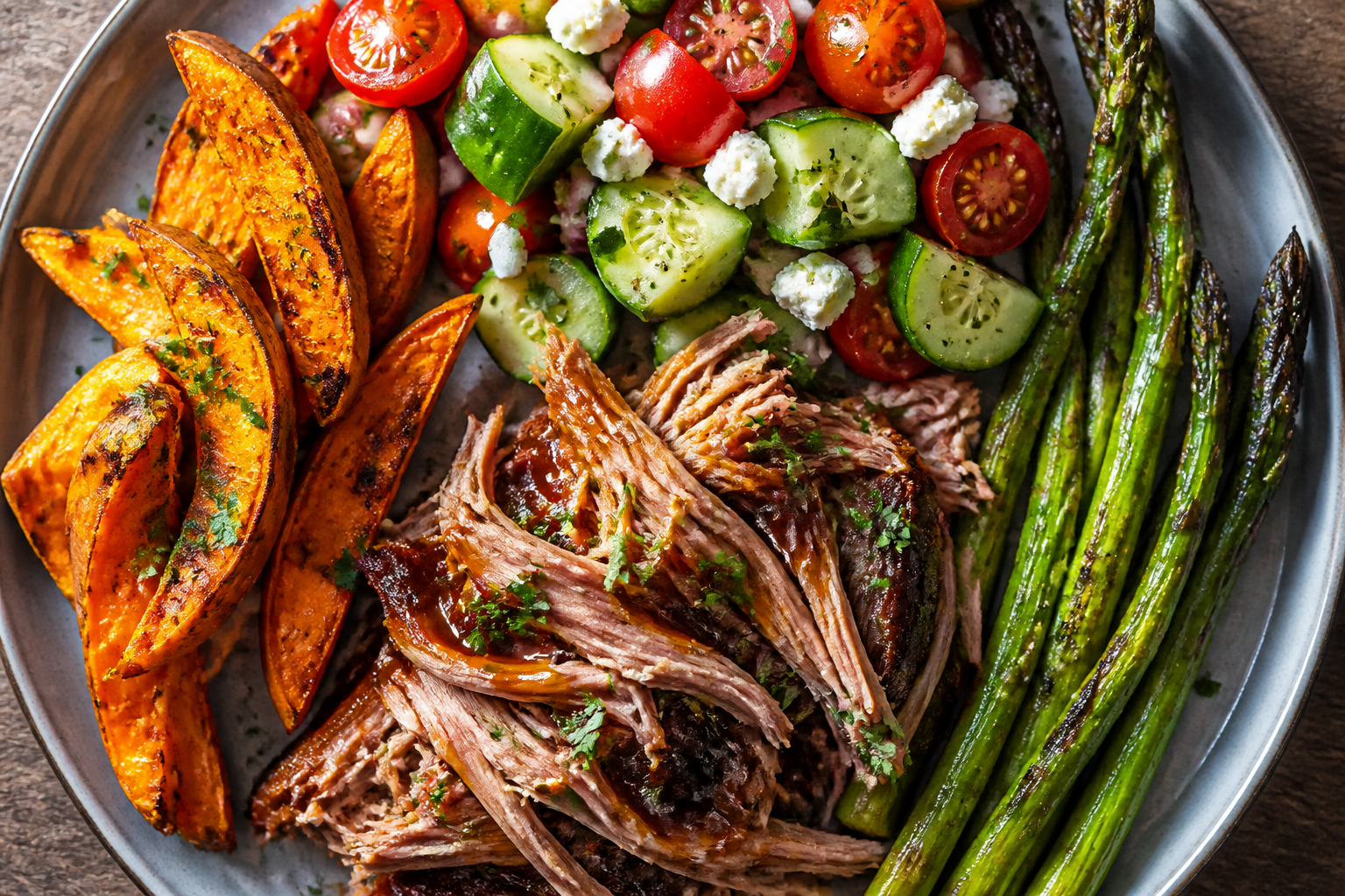 Pulled pork with roasted sweet potatoes, cucumber tomato salad and grilled asparagus