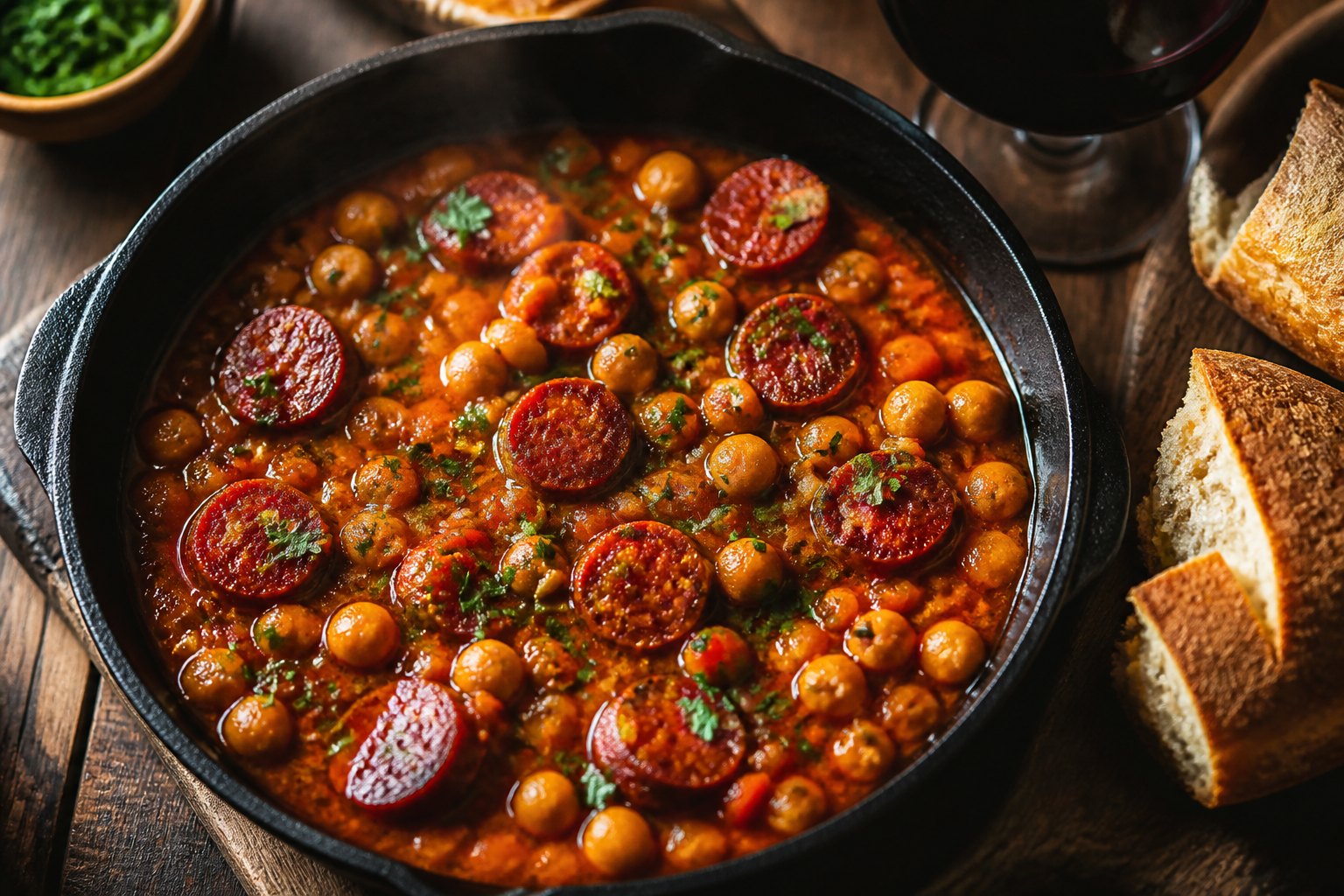 12 Sausage Dinner Ideas Beyond the Bun 23 Spanish chorizo and chickpea stew with smoked paprika and parsley in cast iron skillet