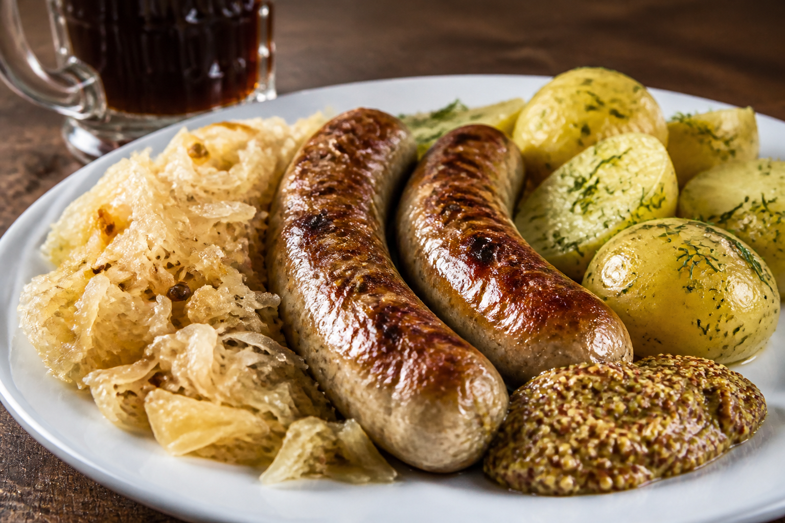 12 Sausage Dinner Ideas Beyond the Bun 24 German bratwurst with sauerkraut, whole grain mustard, and dill potatoes on white plate