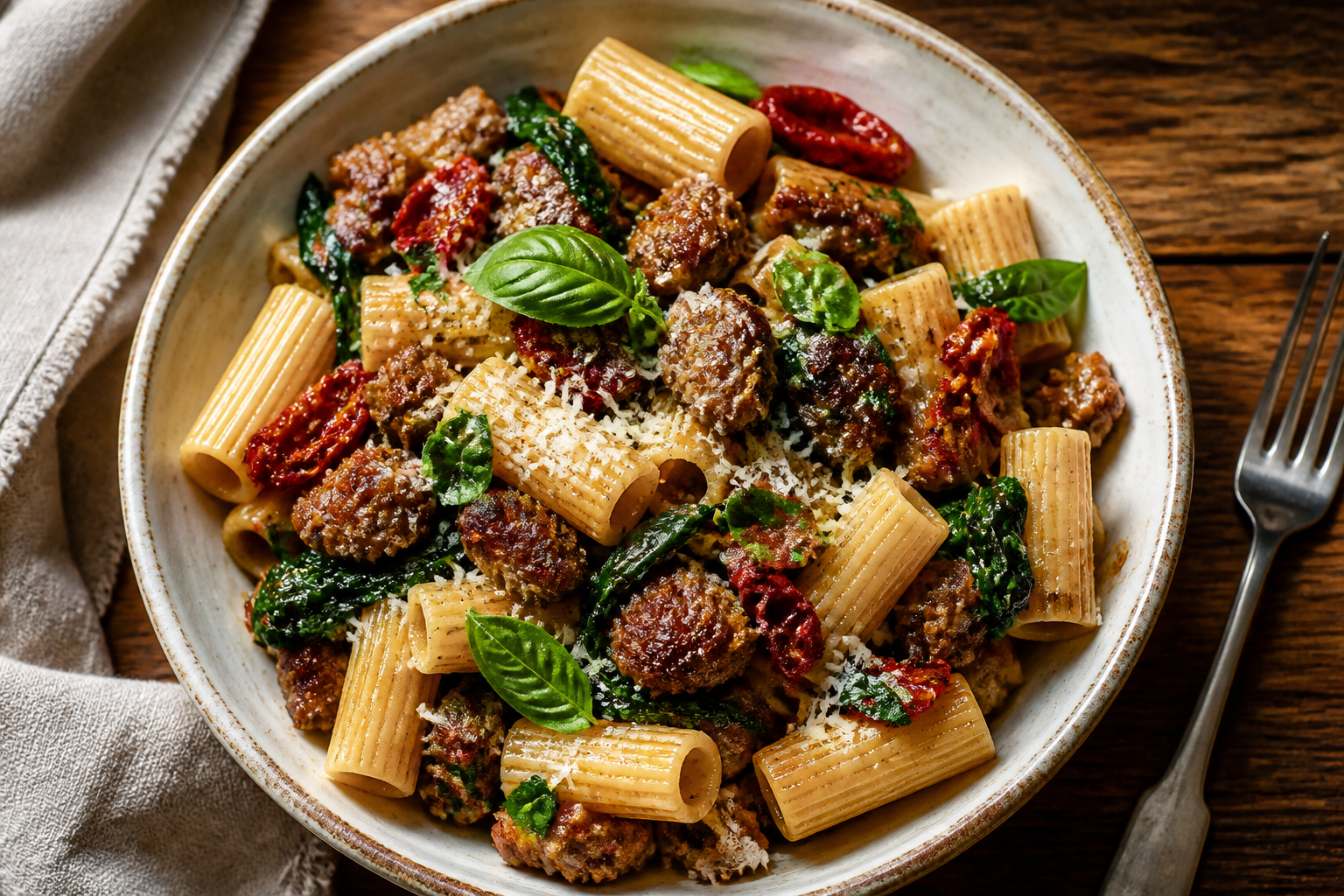 12 Sausage Dinner Ideas Beyond the Bun 14 Rigatoni pasta with Italian sausage, spinach, sun-dried tomatoes, and Parmesan in white bowl