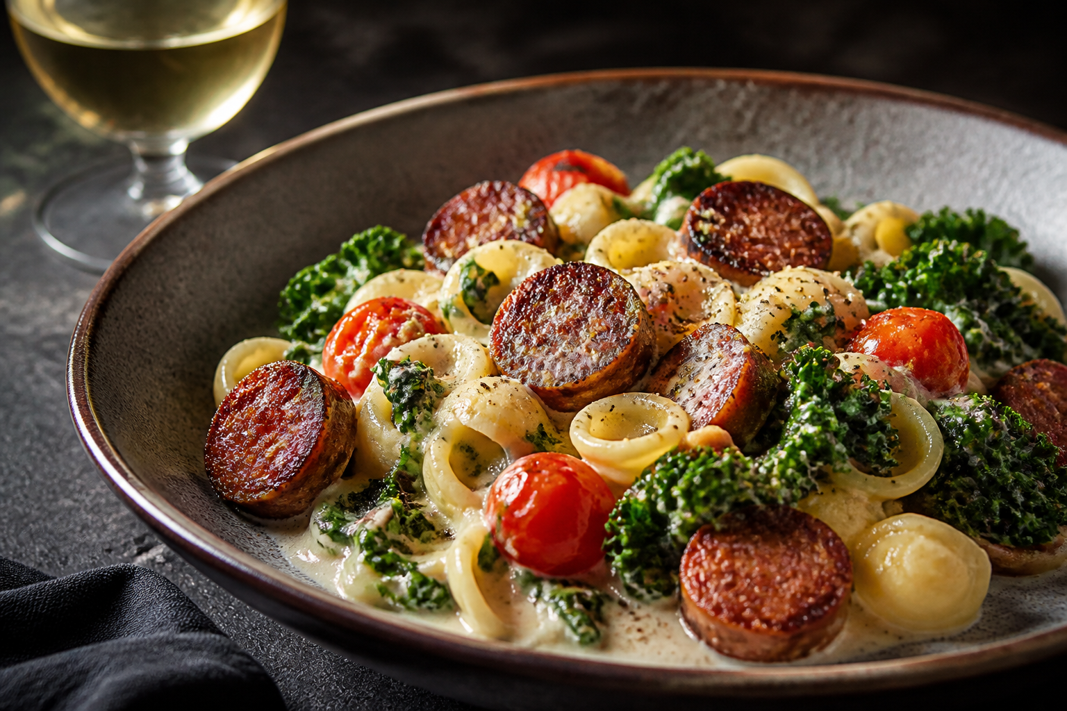 12 Sausage Dinner Ideas Beyond the Bun 15 Orecchiette pasta with andouille sausage, cherry tomatoes, kale, and garlic cream sauce in wide bowl