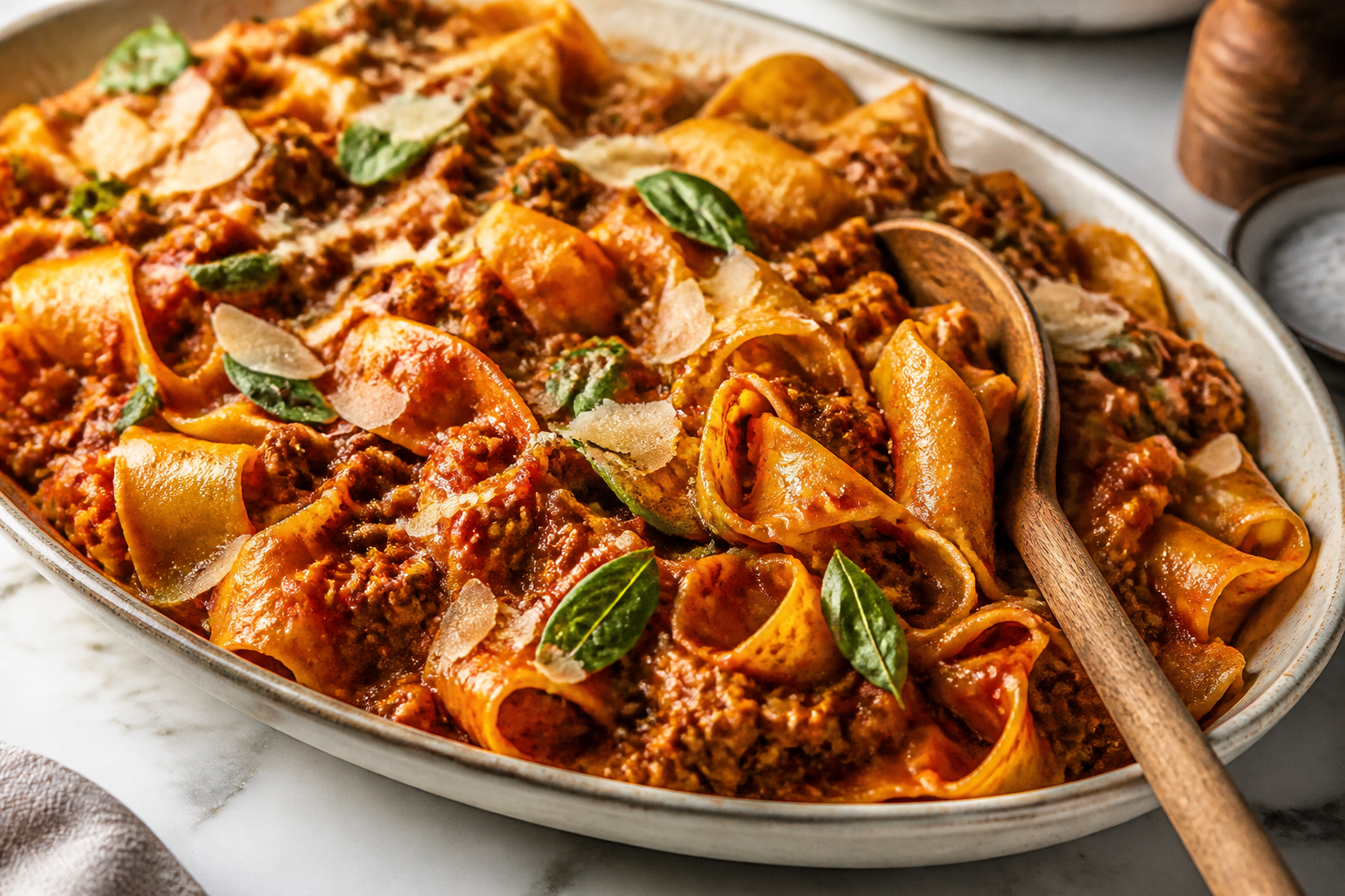 12 Sausage Dinner Ideas Beyond the Bun 16 Pappardelle pasta with sausage ragu, fresh basil, and shaved Pecorino Romano on white platter