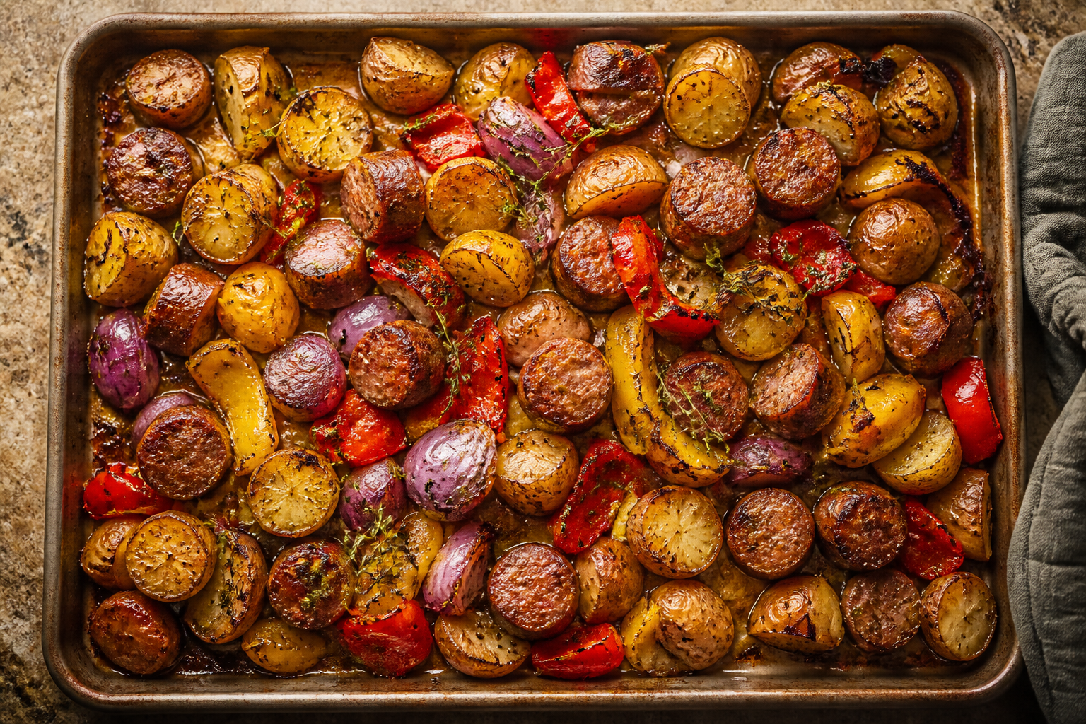 12 Sausage Dinner Ideas Beyond the Bun 17 Sheet pan meal with Italian sausage, baby potatoes, bell peppers, and red onions roasted together