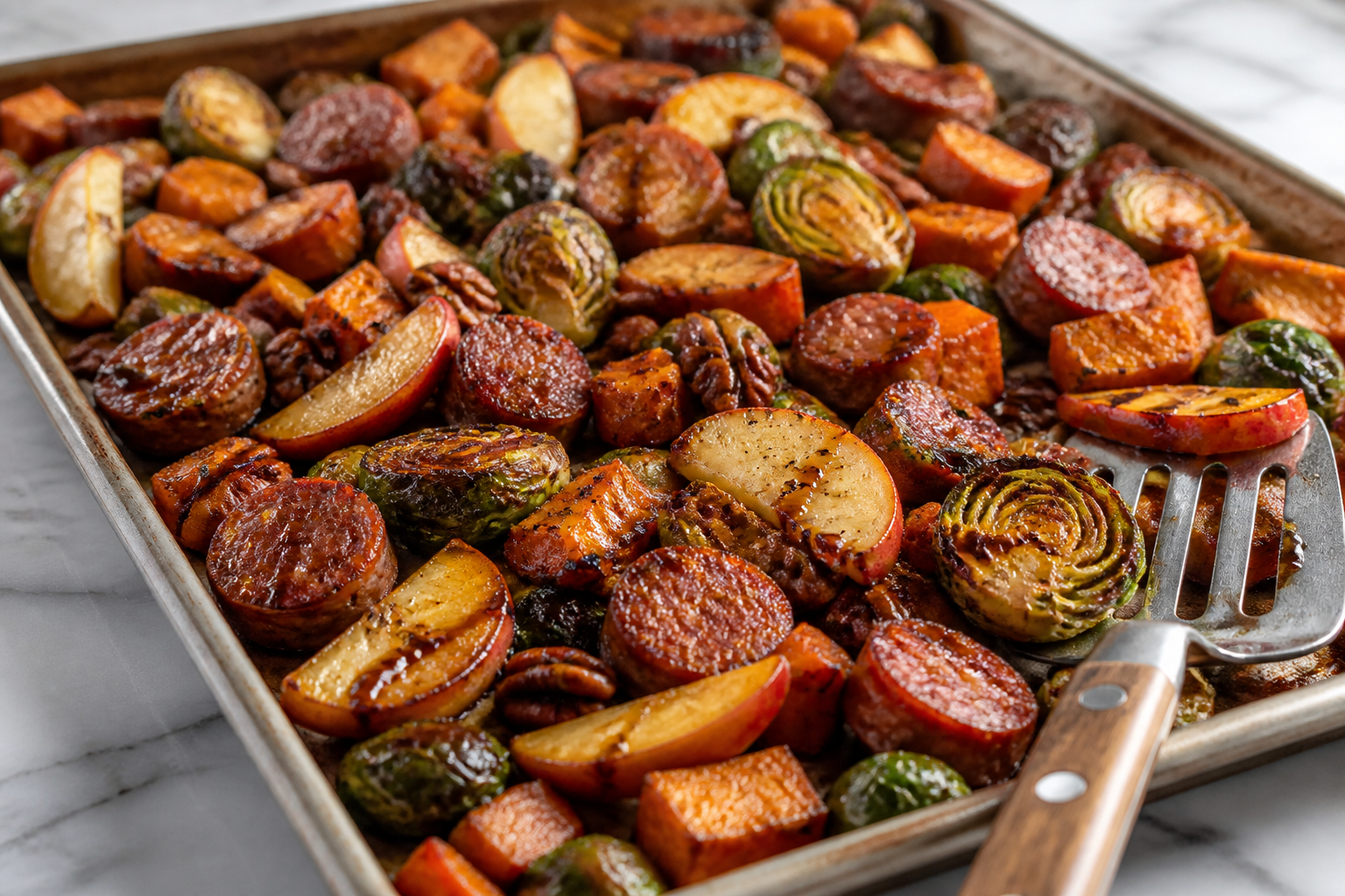 12 Sausage Dinner Ideas Beyond the Bun 18 Sheet pan dinner with smoked sausage, Brussels sprouts, sweet potatoes, apples, and balsamic glaze