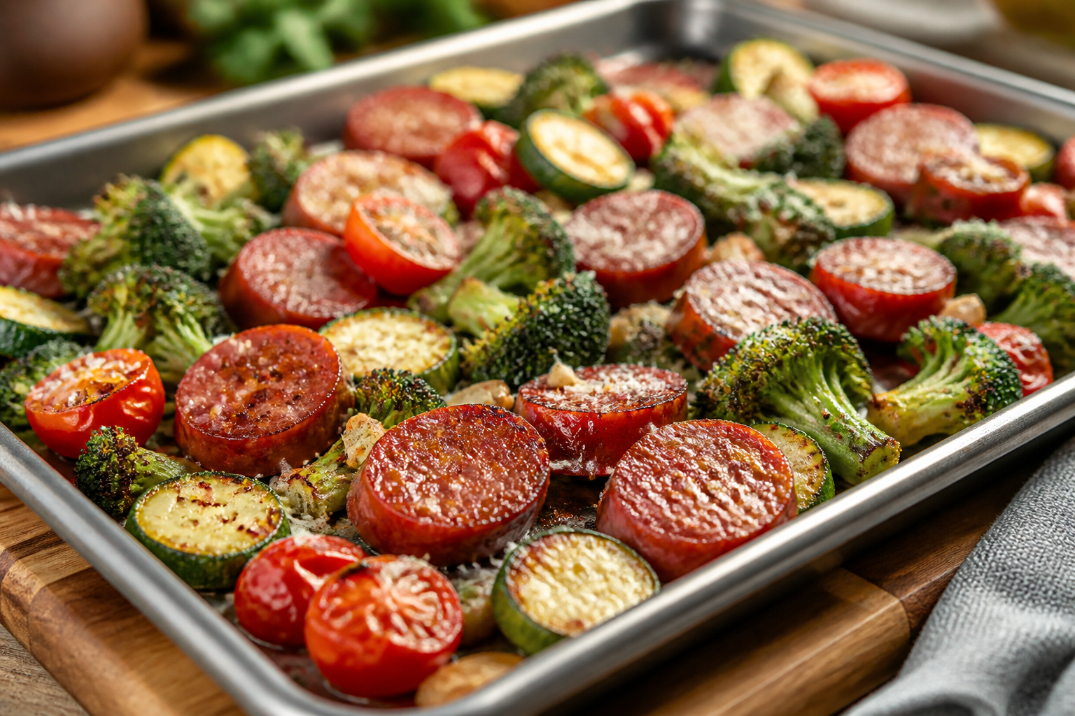 12 Sausage Dinner Ideas Beyond the Bun 19 Sheet pan kielbasa with roasted broccoli, cherry tomatoes, zucchini, and Parmesan cheese