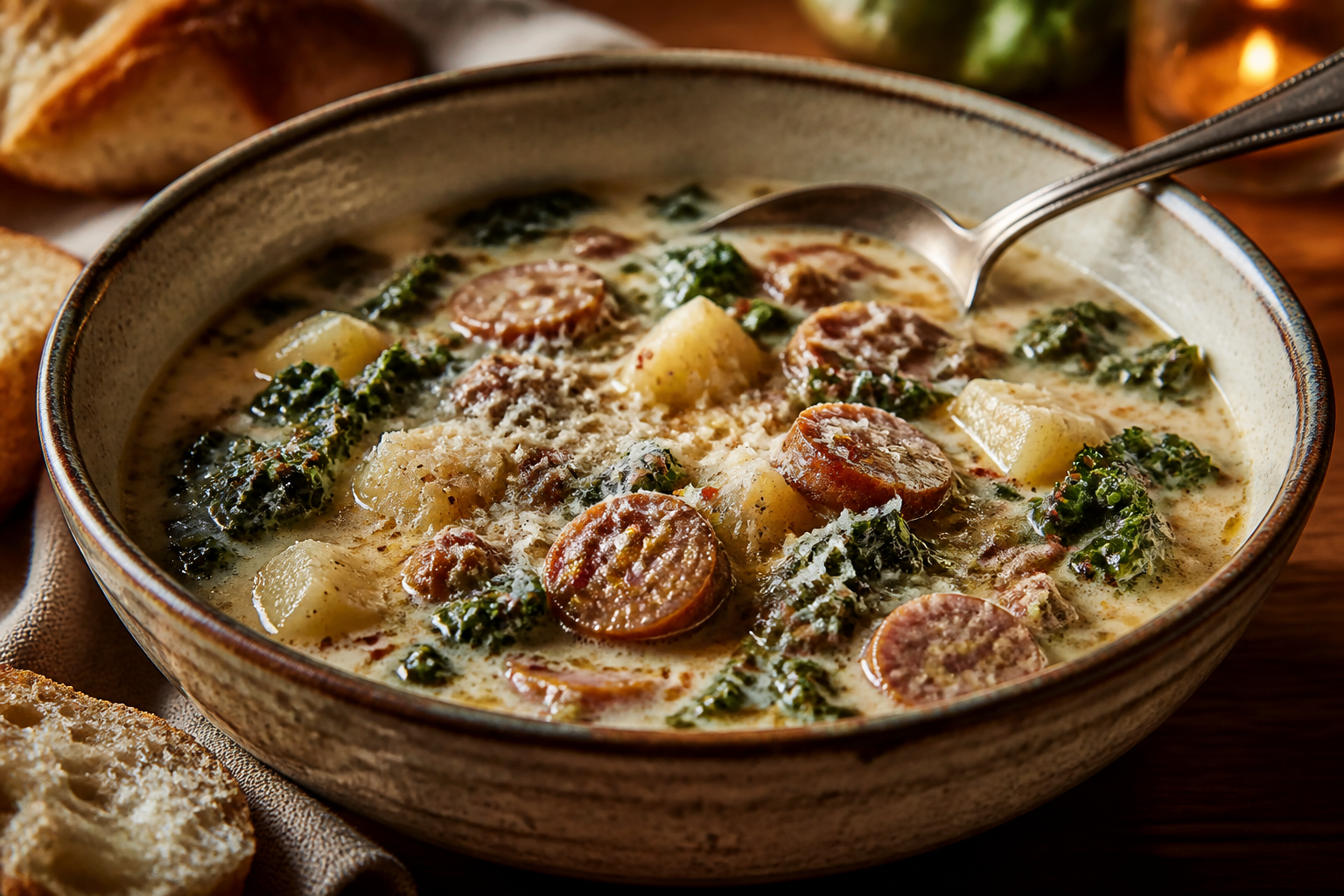 12 Sausage Dinner Ideas Beyond the Bun 20 Zuppa Toscana soup with Italian sausage, kale, potatoes, and cream in ceramic bowl