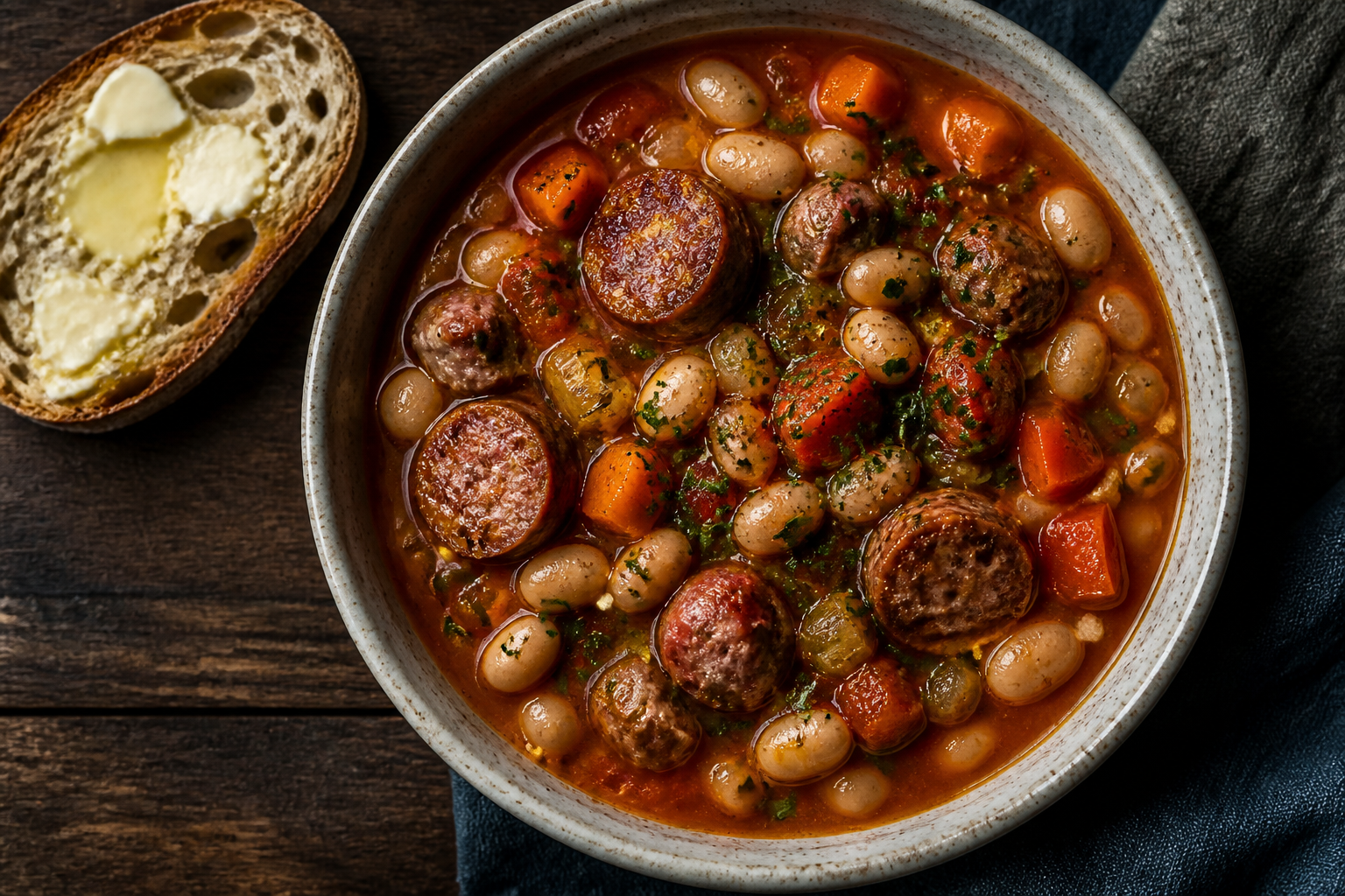 12 Sausage Dinner Ideas Beyond the Bun 21 White bean and andouille sausage stew with tomatoes, carrots, and celery in deep bowl