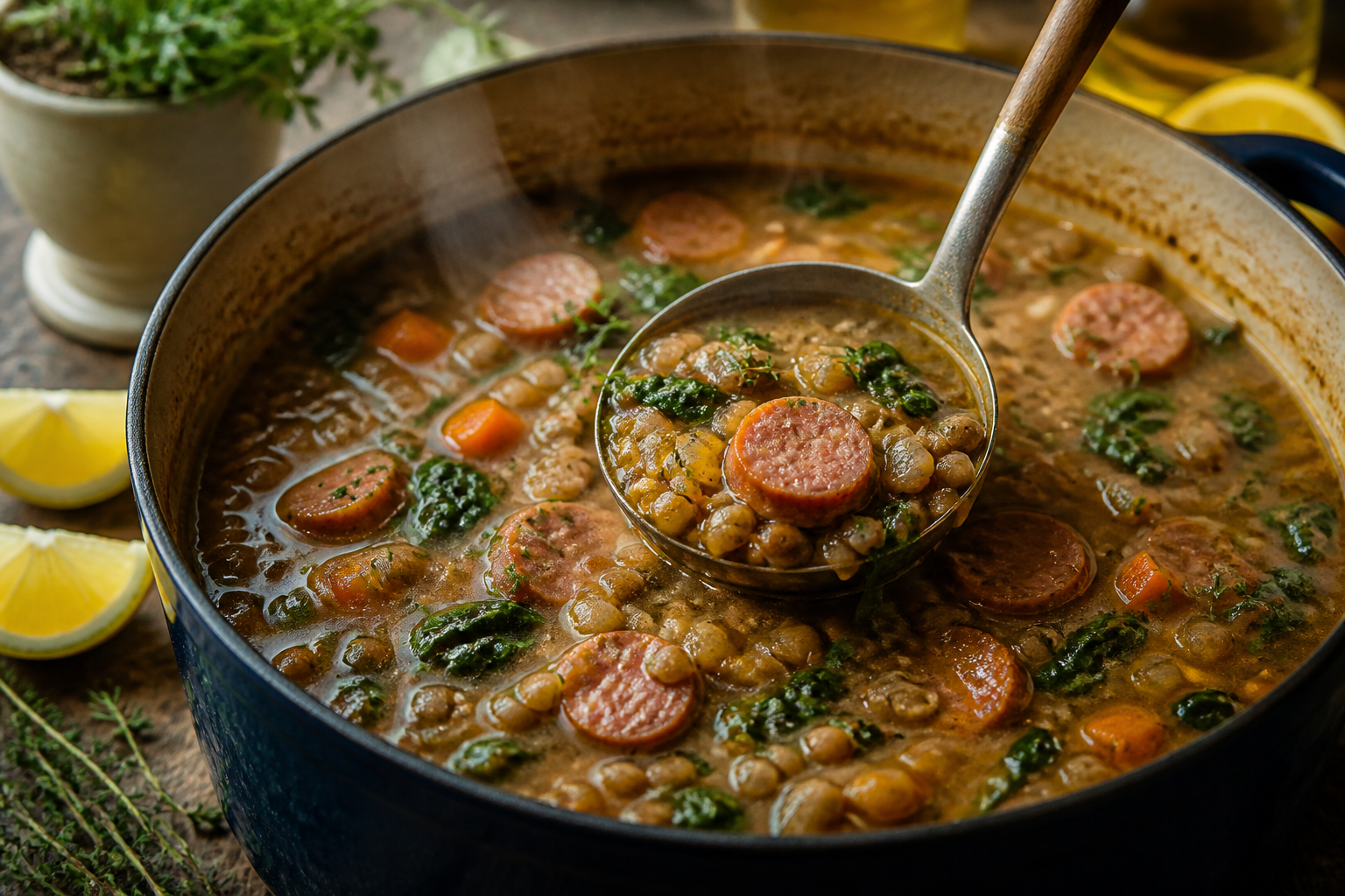 12 Sausage Dinner Ideas Beyond the Bun 22 Sausage and lentil soup with carrots, spinach, and fresh thyme in large pot