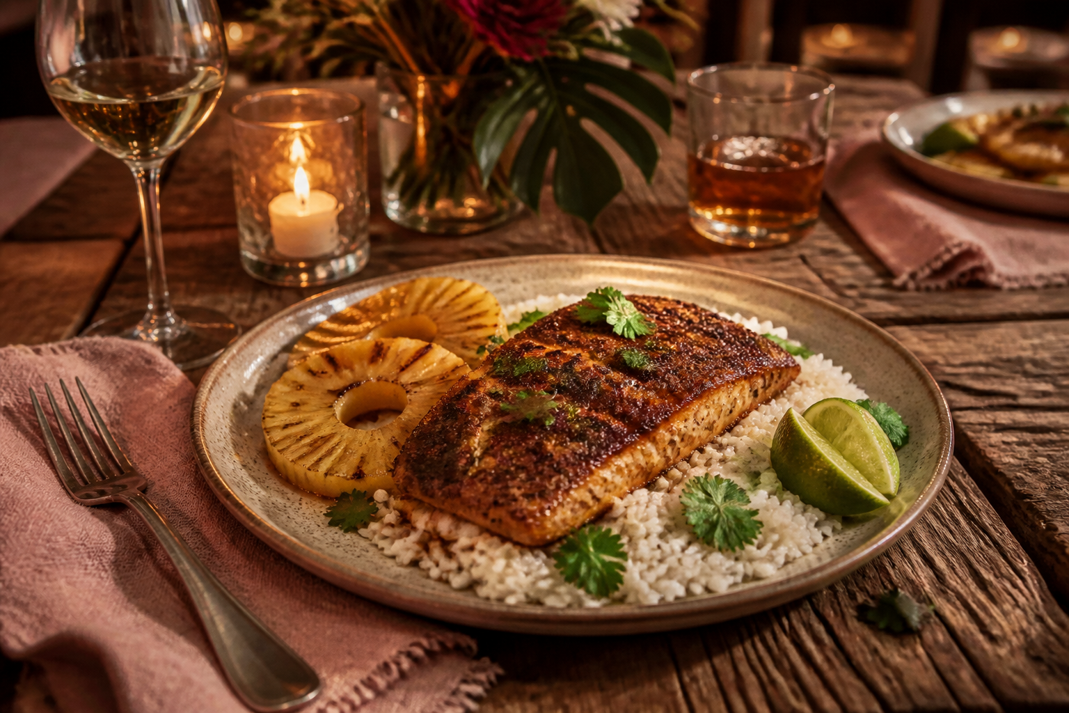 12 Seafood Dinner Ideas for Date Night 19 Blackened mahi-mahi with coconut rice and grilled pineapple for tropical date night dinner