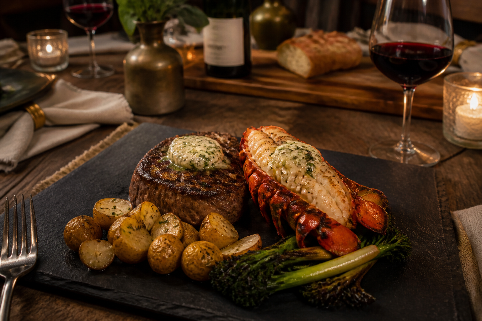12 Seafood Dinner Ideas for Date Night 20 Grilled filet mignon and lobster tail surf and turf with herb butter and vegetables