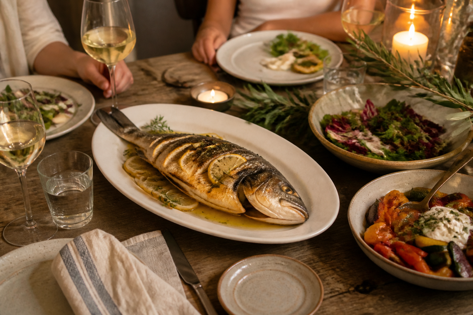 12 Seafood Dinner Ideas for Date Night 23 Grilled whole branzino stuffed with lemon and herbs with Mediterranean salad and vegetables