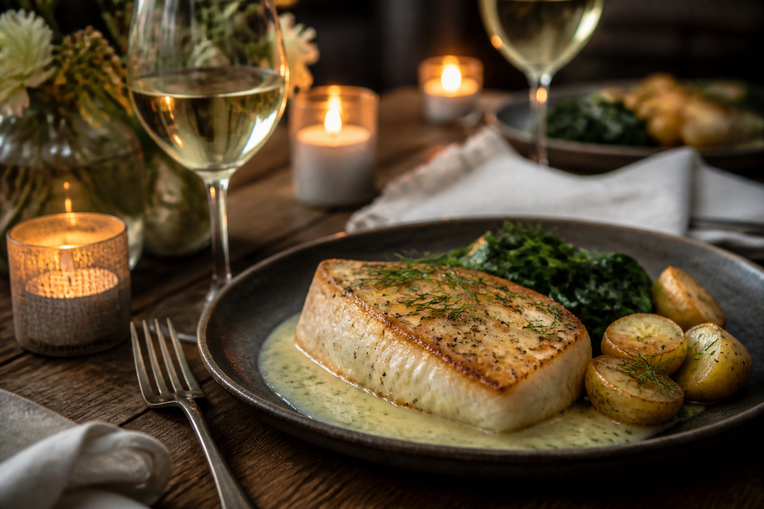 12 Seafood Dinner Ideas for Date Night 18 Pan-seared halibut with beurre blanc sauce, spinach, and fingerling potatoes for date night