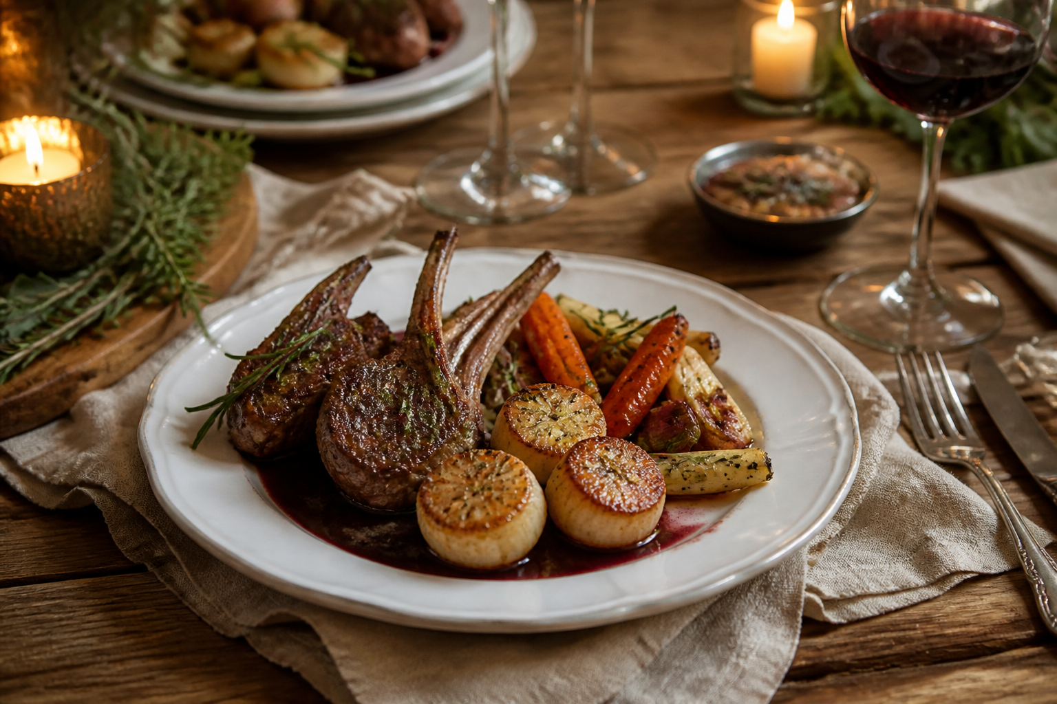 12 Seafood Dinner Ideas for Date Night 22 Pan-seared lamb chops with garlic-butter scallops and roasted vegetables for elegant date night