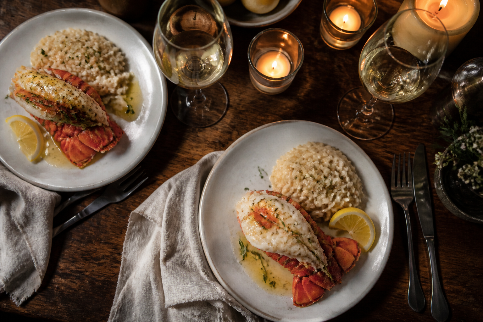 12 Seafood Dinner Ideas for Date Night 14 Butter-poached lobster tails with risotto and fresh herbs for romantic date night dinner