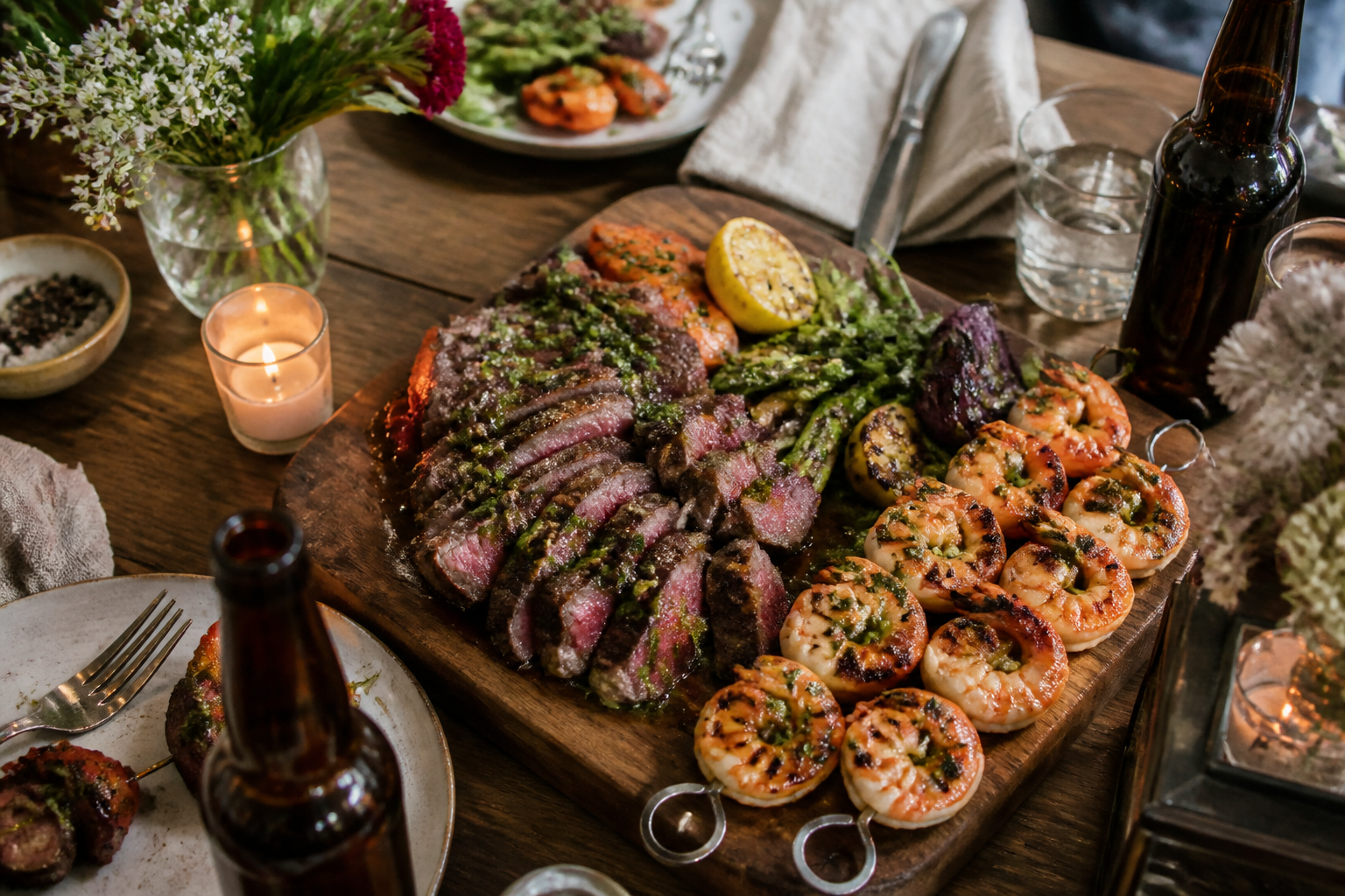 12 Seafood Dinner Ideas for Date Night 21 Sliced ribeye steak with grilled shrimp skewers and chimichurri sauce on wooden board