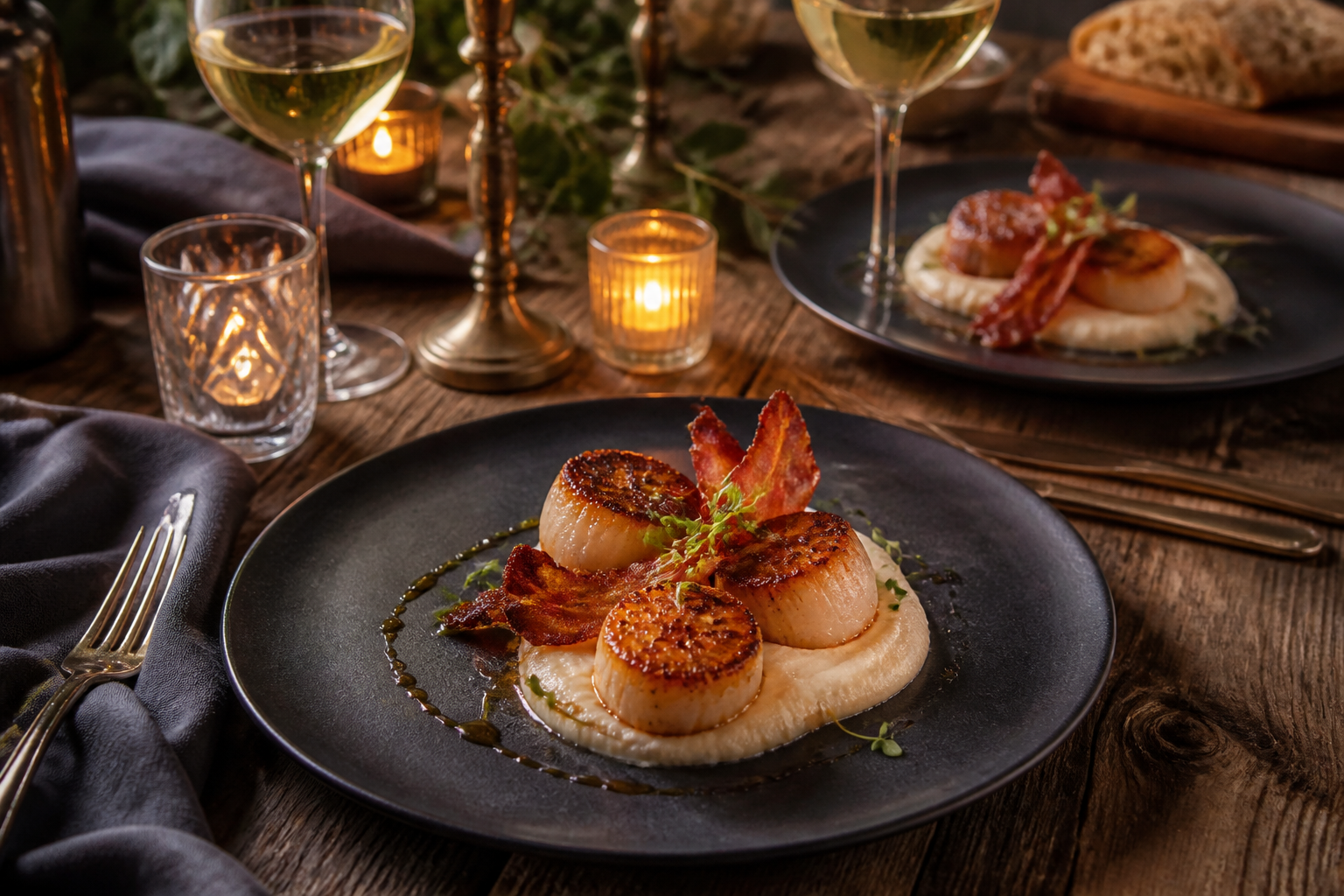 12 Seafood Dinner Ideas for Date Night 15 Pan-seared scallops with cauliflower puree and crispy prosciutto on elegant slate plates