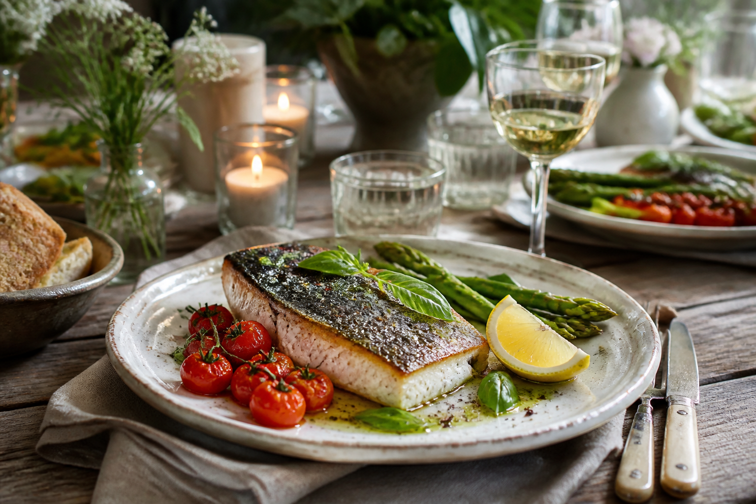 12 Seafood Dinner Ideas for Date Night 17 Crispy-skinned sea bass with roasted cherry tomatoes and asparagus on white plate