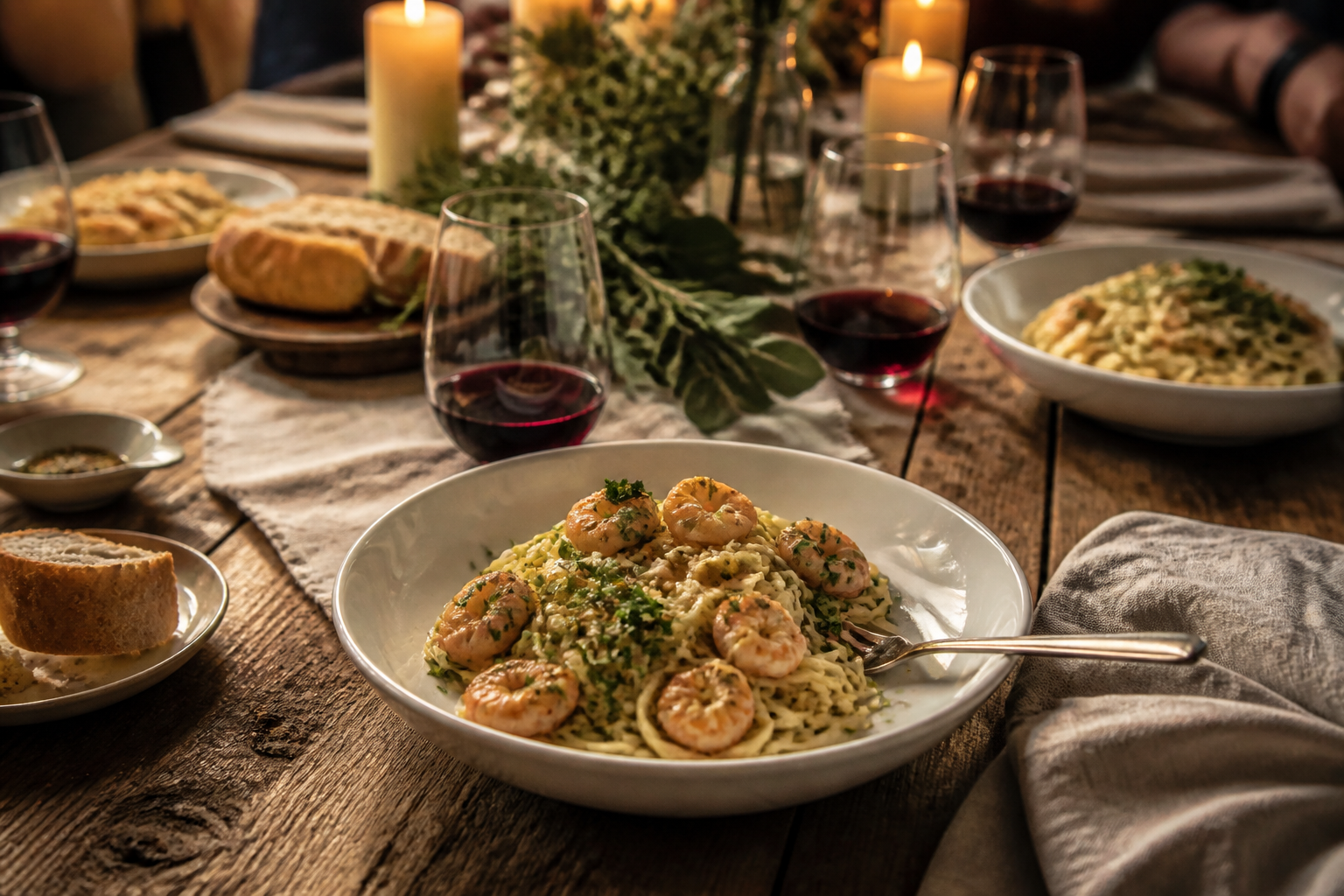 12 Seafood Dinner Ideas for Date Night 16 Garlic butter shrimp scampi over linguine pasta with fresh parsley and crusty bread