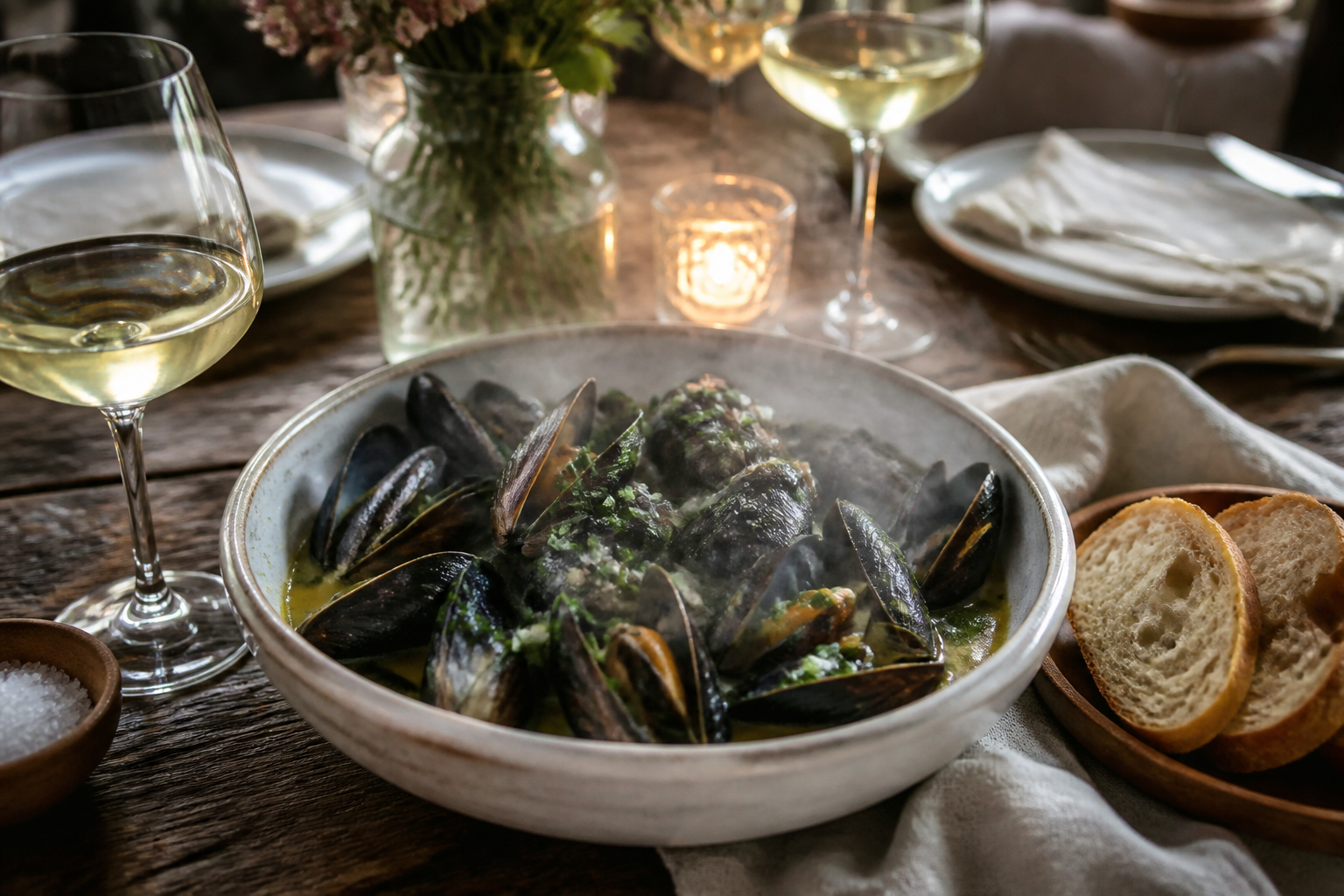 12 Seafood Dinner Ideas for Date Night 25 Steamed mussels in white wine broth with garlic herbs and crusty bread