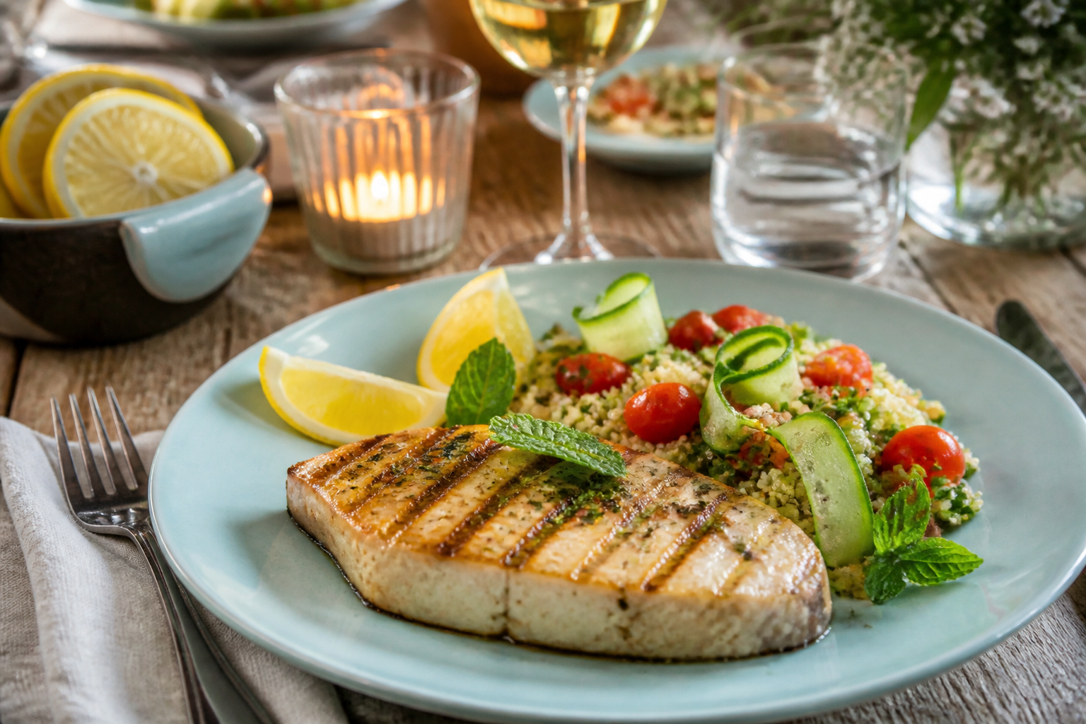 12 Seafood Dinner Ideas for Date Night 24 Citrus-marinated grilled swordfish with quinoa tabbouleh and fresh vegetables for light dinner