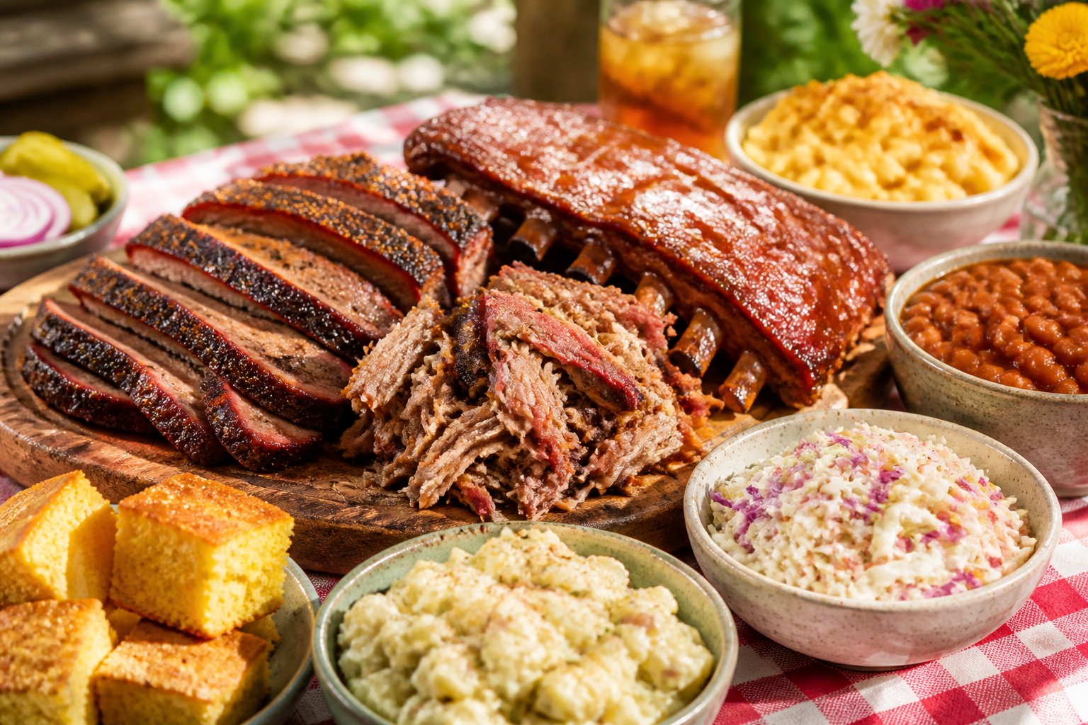 Complete BBQ spread with smoked meats, mac and cheese, beans, coleslaw, and cornbread