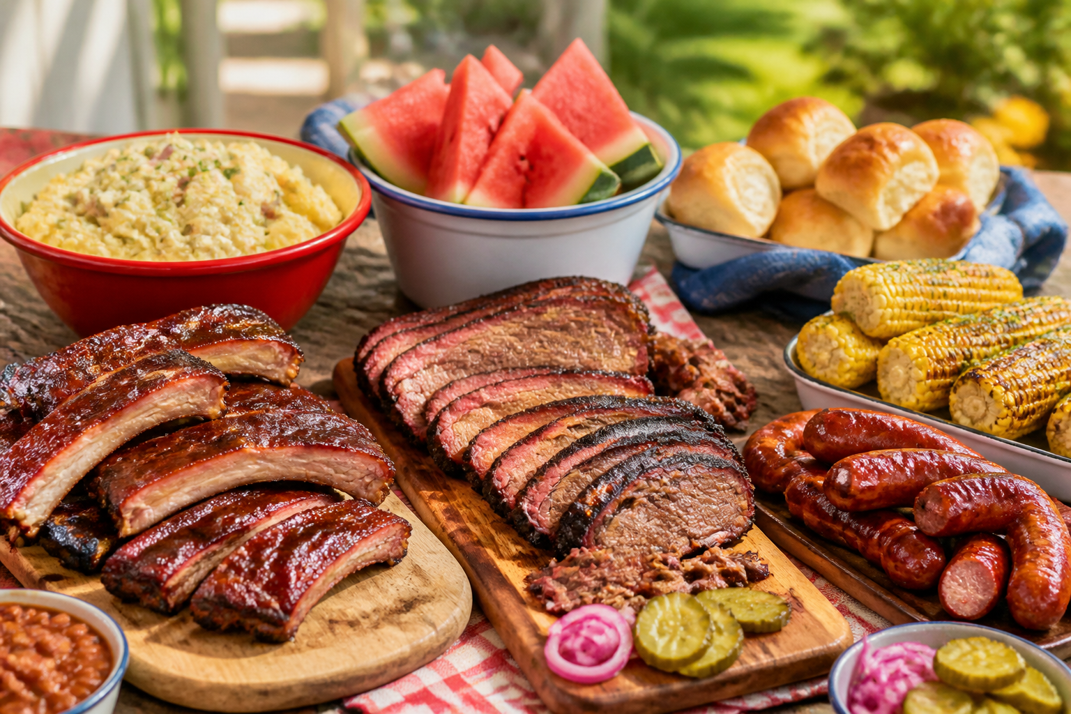 BBQ buffet with smoked ribs, brisket, sausage, potato salad, and grilled corn