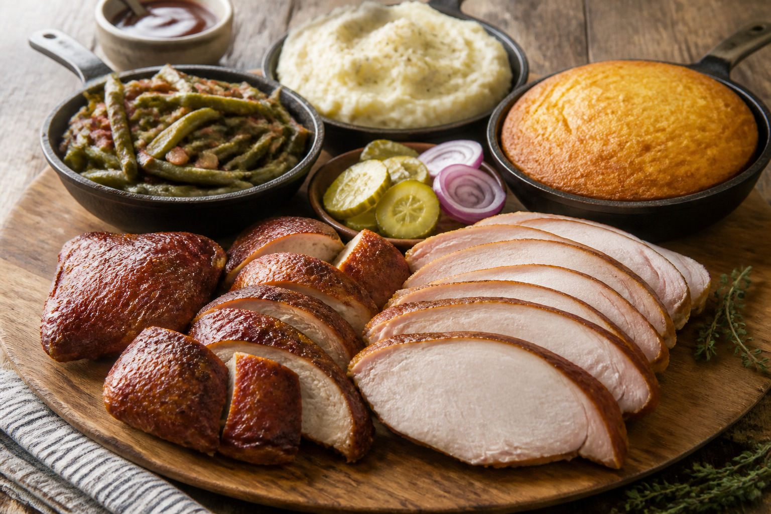 Smoked turkey and chicken platter with cornbread, green beans, and mashed potatoes