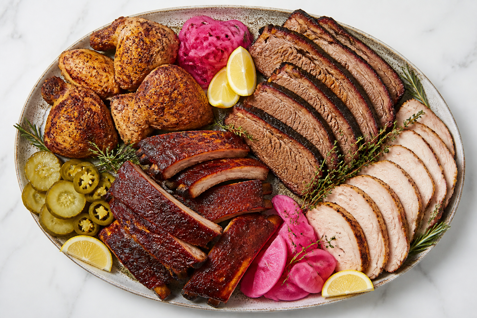 Mixed smoked meat platter with chicken, brisket, ribs, and turkey breast