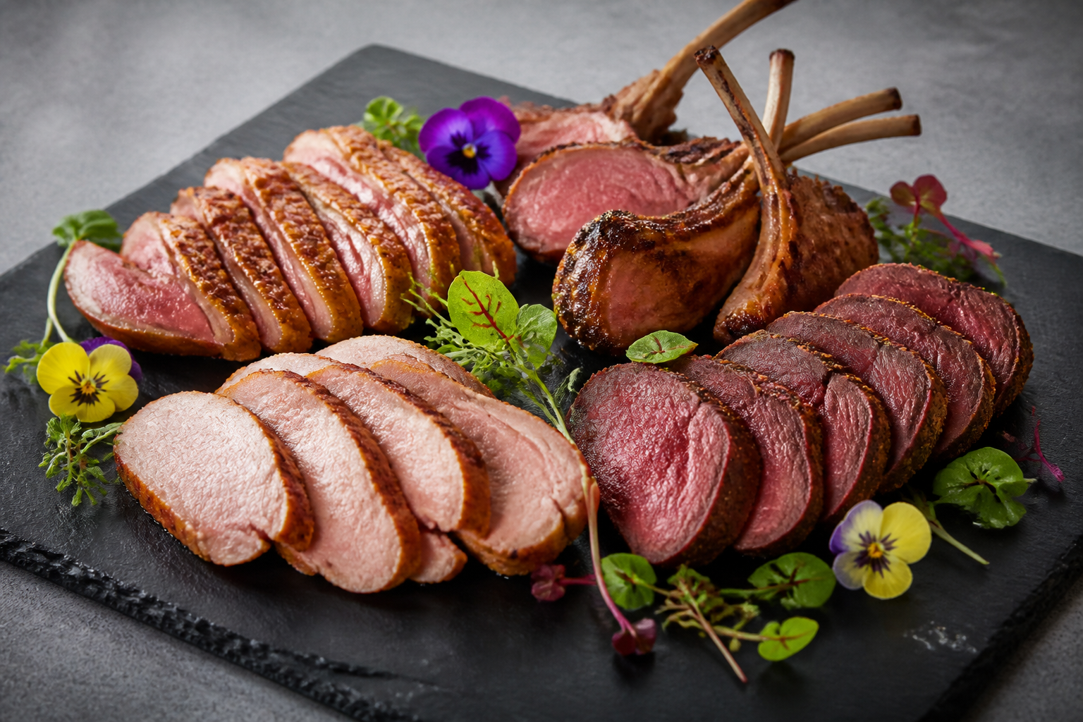 Gourmet smoked meat platter with pork tenderloin, duck, lamb chops, and venison