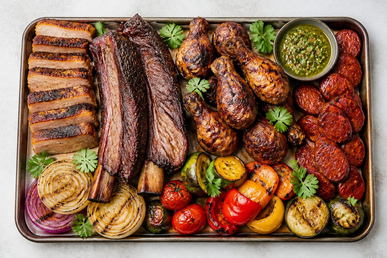 Mixed smoked meat platter with pork belly, short ribs, drumsticks, and chorizo