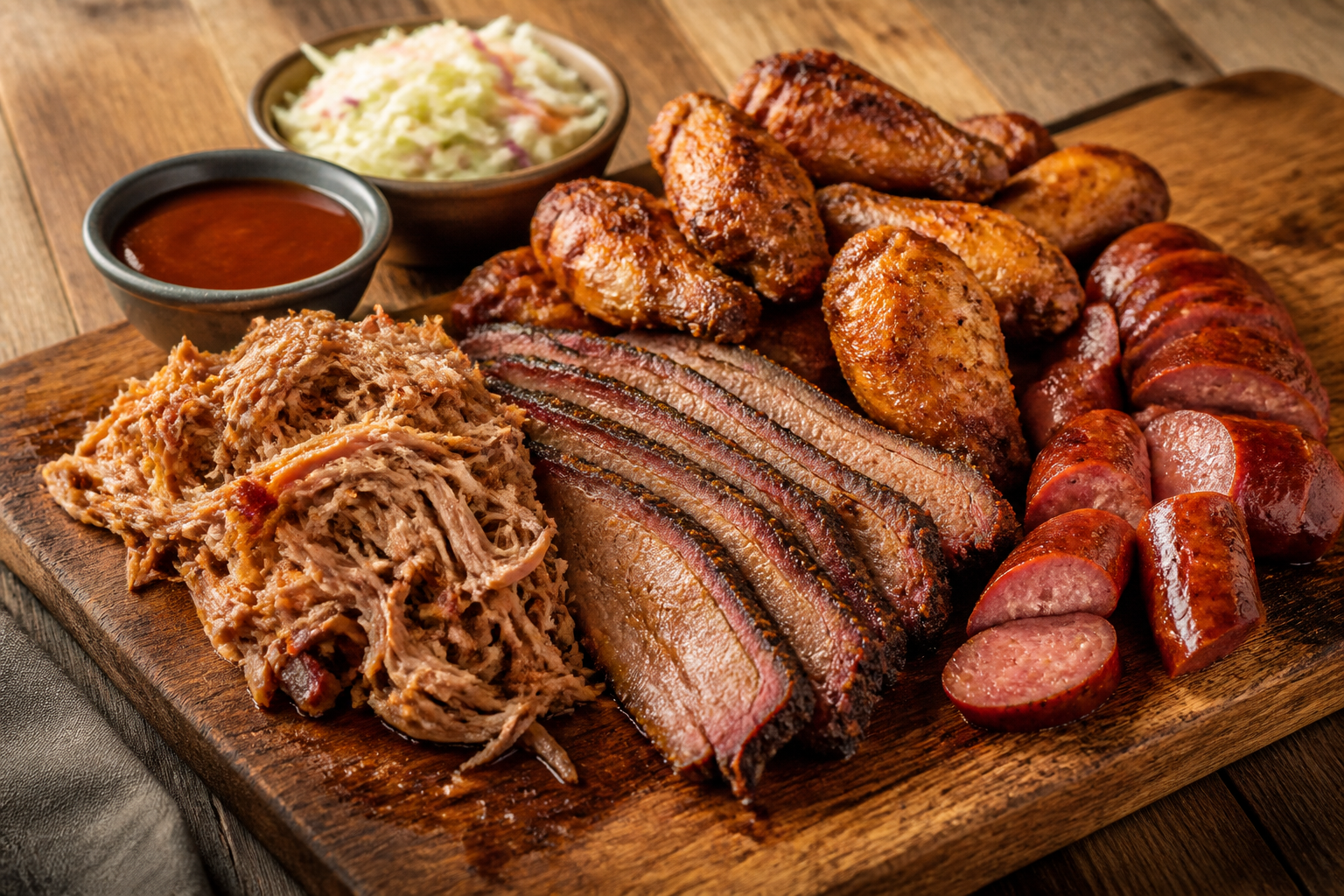 Smoked meat spread with pulled pork, brisket, wings, and andouille sausage