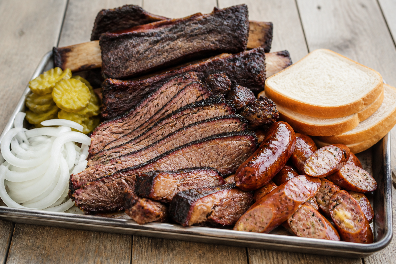 Smoked beef brisket and ribs platter with jalapeño sausage, pickles, and white bread