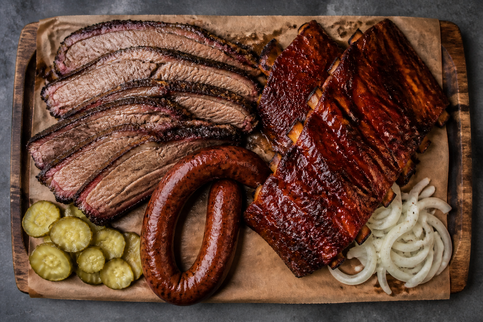 Texas-style smoked brisket, ribs, and sausage platter on butcher paper with pickles
