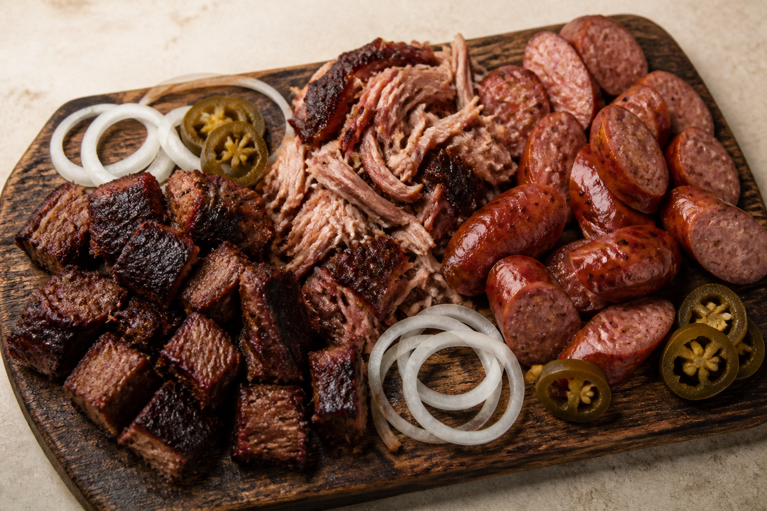 Texas BBQ platter with brisket burnt ends, pulled pork, and smoked sausage