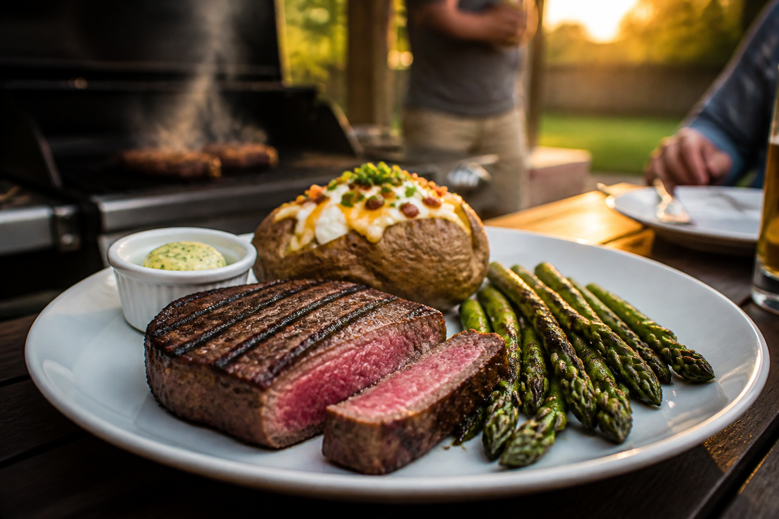 10 Summer Grilling Menu Ideas 13 Grilled ribeye steak with asparagus and loaded baked potato dinner plate