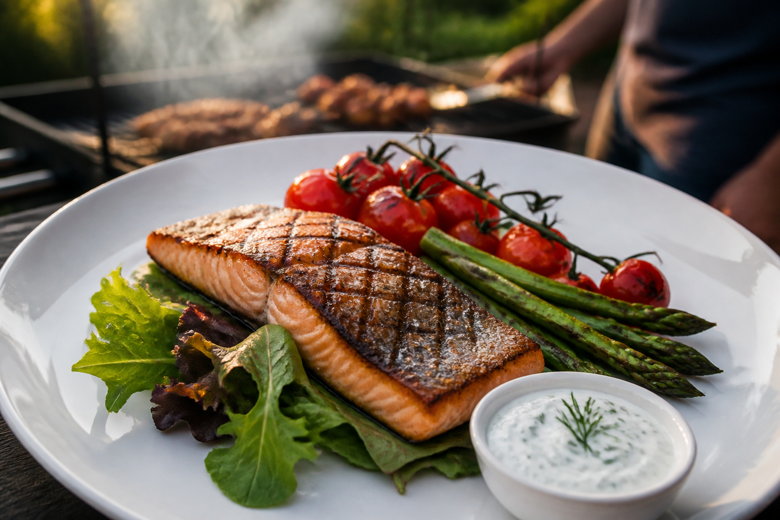 10 Summer Grilling Menu Ideas 21 Healthy grilled salmon with greens, tomatoes, and yogurt-dill sauce